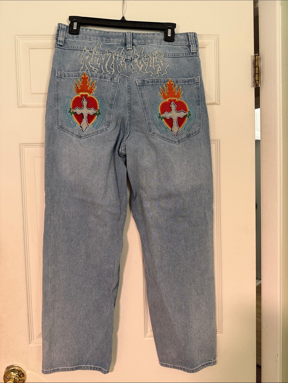 Ninth Hall Light Blue Men's Baggy Jeans with Flame Patch